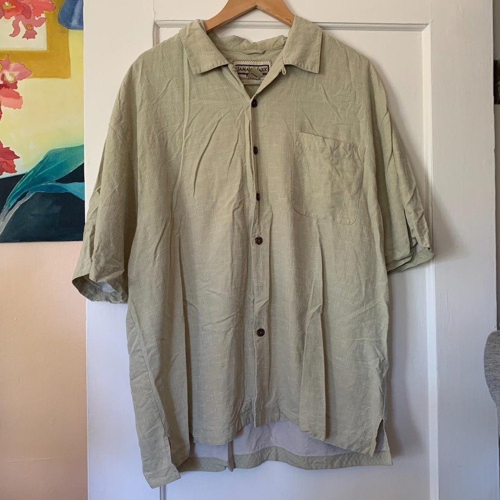 Jamaica Jaxx Mens XL Silk Jacquard Camp Shirt Light Green Short Sleeve Button Up
